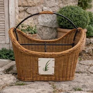 Vintage Wicker Magazine Basket French Country Cottage Storage Rustic Decor